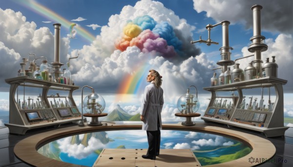 1girl,solo,long hair,brown hair,1boy,standing,ponytail,male focus,sky,day,pants,cloud,water,from behind,blue sky,bird,cloudy sky,scenery,mountain,aircraft,labcoat,rainbow,planet,test tube,floating island,hourglass,hat,outdoors,facial hair