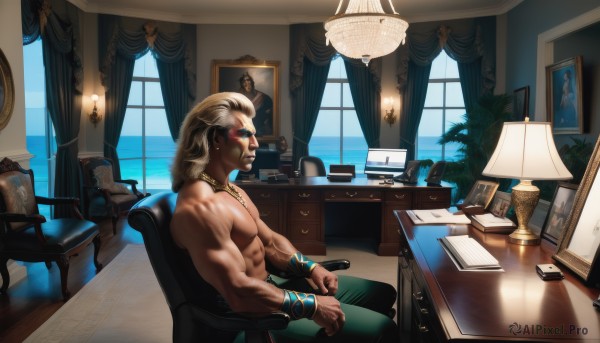 solo,blue eyes,blonde hair,1boy,jewelry,sitting,closed mouth,white hair,male focus,earrings,day,pants,indoors,dark skin,water,necklace,bracelet,book,window,muscular,facial hair,ocean,chair,phone,abs,table,dark-skinned male,pectorals,plant,curtains,muscular male,bara,beard,desk,topless male,wooden floor,potted plant,lamp,bracer,computer,manly,photo (object),picture frame,green pants,painting (object),desk lamp,long hair,nipples,signature,from side,profile,vase,portrait (object)