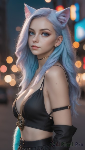 1girl,solo,long hair,breasts,looking at viewer,blue eyes,skirt,animal ears,cleavage,bare shoulders,jewelry,medium breasts,closed mouth,blue hair,upper body,earrings,detached sleeves,choker,midriff,artist name,cat ears,black skirt,bra,mole,blurry,from side,lips,crop top,animal ear fluff,makeup,depth of field,blurry background,piercing,forehead,freckles,mole on breast,realistic,nose,light blue hair,gloves,small breasts,black gloves,elbow gloves,mole under eye,black choker,black bra,extra ears,arm strap,bokeh