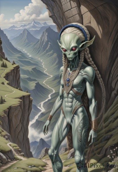 1girl,solo,long hair,breasts,red eyes,jewelry,very long hair,nipples,standing,braid,outdoors,sky,pussy,day,pointy ears,cloud,twin braids,flat chest,muscular,colored skin,abs,monster girl,elf,monster,mountain,fantasy,blue skin,muscular female,green skin,no pupils,bodypaint,alien,navel,nude,small breasts,tattoo,genderswap,genderswap (mtf),landscape