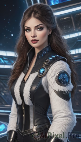 1girl,solo,long hair,breasts,looking at viewer,brown hair,gloves,long sleeves,cleavage,brown eyes,jewelry,medium breasts,upper body,earrings,parted lips,black gloves,belt,mole,vest,lips,fur trim,makeup,wavy hair,lipstick,eyeshadow,realistic,nose,red lips,stud earrings,eyeliner,bangs,artist name,signature,parted bangs,bodysuit,science fiction,black bodysuit