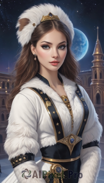 1girl,solo,long hair,breasts,looking at viewer,smile,blue eyes,brown hair,hair ornament,long sleeves,hat,dress,brown eyes,jewelry,closed mouth,upper body,earrings,sky,artist name,white dress,lips,grey eyes,fur trim,makeup,night,moon,tiara,feathers,crown,lipstick,gem,star (sky),night sky,starry sky,red lips,planet,castle,earth (planet),bangs,medium breasts,coat,parted bangs,white headwear,wavy hair,realistic,nose,white coat