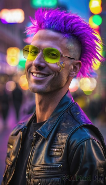 solo,looking at viewer,smile,short hair,shirt,1boy,jacket,upper body,pink hair,purple hair,male focus,multicolored hair,one eye closed,open clothes,glasses,teeth,dark skin,grin,blurry,vest,open jacket,black shirt,depth of field,blurry background,sunglasses,dark-skinned male,denim,zipper,realistic,round eyewear,leather,tinted eyewear,leather jacket,mohawk,denim jacket,aviator sunglasses,artist name,signature,black jacket,tattoo,facial hair,beard,bokeh,yellow-framed eyewear