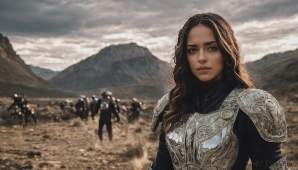 1girl,long hair,looking at viewer,brown hair,black hair,brown eyes,closed mouth,upper body,weapon,outdoors,multiple boys,sky,solo focus,day,cloud,armor,blurry,lips,blurry background,helmet,cloudy sky,shoulder armor,6+boys,pauldrons,breastplate,mountain,realistic,multiple others,knight,full armor,soldier,grey sky,plate armor,army,depth of field,horse