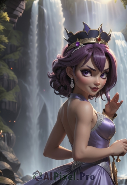 1girl,solo,breasts,looking at viewer,blush,smile,short hair,bangs,dress,bare shoulders,jewelry,medium breasts,closed mouth,standing,purple eyes,purple hair,earrings,outdoors,sleeveless,looking back,artist name,hand up,signature,water,bag,from behind,blurry,bracelet,from side,lips,looking to the side,bare arms,eyelashes,strapless,makeup,sleeveless dress,back,tiara,crown,lipstick,gem,strapless dress,purple dress,curly hair,handbag,backless outfit,nose,red lips,backless dress,waterfall,upper body,nail polish,watermark,sunlight,web address,princess,gown