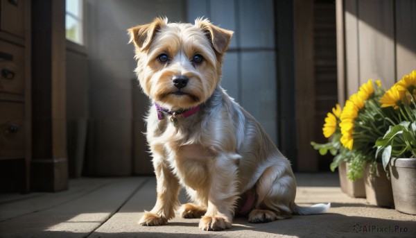 HQ,solo,blue eyes,closed mouth,full body,flower,day,indoors,blurry,collar,no humans,window,animal,sunlight,cat,plant,dog,realistic,yellow flower,door,sunflower,potted plant,animal focus,vase,flower pot,pet bowl,looking at viewer,bell,jingle bell,neck bell,sliding doors,animal collar