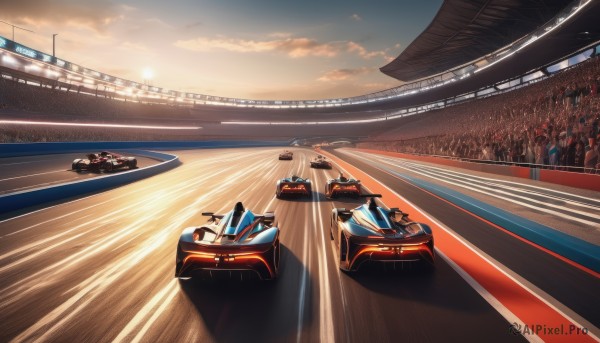 outdoors,sky,cloud,no humans,shadow,sunlight,cloudy sky,ground vehicle,scenery,motor vehicle,sunset,sun,car,road,vehicle focus,crowd,sports car,stadium,6+boys,bridge