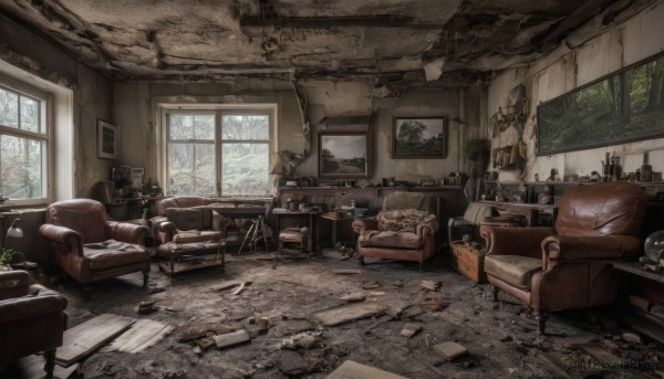 weapon,day,indoors,tree,cup,pillow,book,no humans,window,chair,table,sunlight,bottle,plant,box,scenery,couch,desk,clock,glass,potted plant,lamp,ruins,television,chalkboard,broken,shelf,broken glass,cabinet,broken window,plate,wooden floor,paper,door,tiles,candle,tile floor,picture frame,armchair,painting (object),carpet,picture (object),candlestand,ceiling light,rug,chandelier,radio,portrait (object)