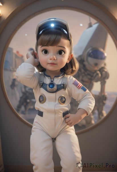 1girl,looking at viewer,bangs,brown hair,brown eyes,closed mouth,standing,solo focus,medium hair,blurry,black eyes,arm up,lips,hand on hip,depth of field,blurry background,helmet,child,reflection,science fiction,mirror,realistic,female child,american flag,spacesuit,japanese flag,astronaut,solo,short hair,uniform,bodysuit,pilot suit