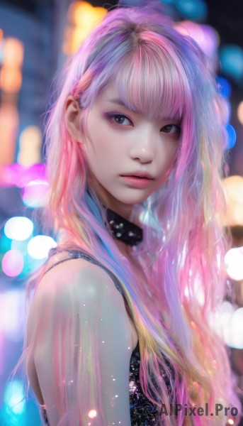 1girl,solo,long hair,looking at viewer,bangs,brown eyes,closed mouth,upper body,pink hair,multicolored hair,choker,blurry,collar,from side,two-tone hair,lips,see-through,makeup,depth of field,blurry background,eyeshadow,realistic,nose,bokeh,blonde hair,bare shoulders,sleeveless,blunt bangs,bra,streaked hair,looking to the side,eyelashes,gradient hair,night,watermark,expressionless,pink lips,mascara,city lights