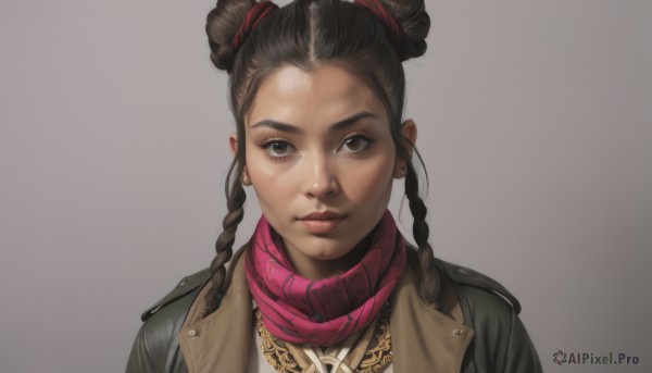 1girl,solo,looking at viewer,bangs,simple background,brown hair,black hair,brown eyes,jewelry,closed mouth,jacket,upper body,braid,earrings,dark skin,grey background,necklace,hair bun,scarf,twin braids,dark-skinned female,lips,gradient,gradient background,double bun,portrait,forehead,realistic,nose,dreadlocks,multiple braids,white background,freckles,leather