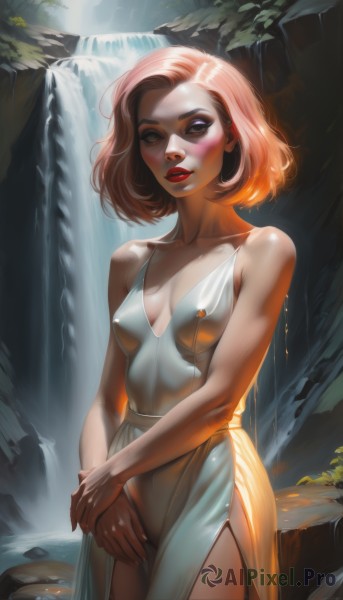 1girl,solo,breasts,looking at viewer,blush,short hair,blue eyes,thighhighs,dress,cleavage,bare shoulders,brown eyes,jewelry,medium breasts,standing,collarbone,pink hair,cowboy shot,small breasts,parted lips,sleeveless,artist name,water,white dress,orange hair,covered nipples,lips,wet,see-through,bare arms,no bra,makeup,lipstick,wet clothes,side slit,eyeshadow,nose,red lips,waterfall,mascara,outdoors,sleeveless dress,sunlight,breasts apart,freckles,rock,realistic