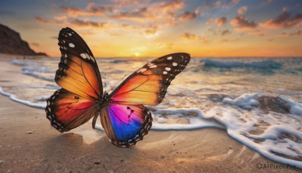 outdoors, sky, cloud, signature, water, blurry, no humans, ocean, animal, beach, cloudy sky, bug, butterfly, scenery, sunset, sand, horizon, shore