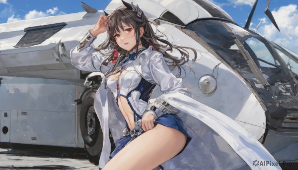 1girl,solo,long hair,breasts,looking at viewer,blush,smile,open mouth,bangs,skirt,brown hair,black hair,hair ornament,long sleeves,dress,navel,animal ears,cleavage,brown eyes,jewelry,medium breasts,jacket,thighs,cowboy shot,outdoors,parted lips,open clothes,sky,day,cloud,arm up,blue sky,blue skirt,coat,clothing cutout,blue dress,headgear,white jacket,cloudy sky,ground vehicle,motor vehicle,open coat,aircraft,white coat,military vehicle,car,airplane,navel cutout,vehicle focus,bow,ribbon,standing,hair ribbon,:d,sidelocks,shiny,belt,hand up,wide sleeves,stomach,military,short dress