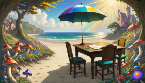 flower,outdoors,sky,day,cloud,water,tree,blue sky,book,no humans,ocean,umbrella,chair,beach,table,sunlight,cloudy sky,grass,building,scenery,fantasy,sand,palm tree,sun,parasol,mushroom,house,rainbow,castle,shadow,nature,shade,beach umbrella,tower,cliff,beach chair,tree stump,wooden table