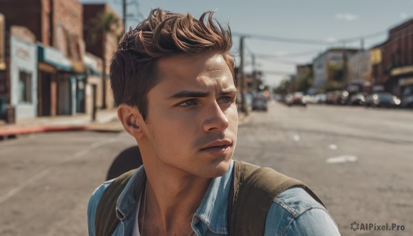 solo,short hair,brown hair,shirt,1boy,brown eyes,closed mouth,jacket,upper body,male focus,outdoors,day,collared shirt,bag,blurry,vest,looking to the side,depth of field,blurry background,facial hair,backpack,blue shirt,ground vehicle,building,motor vehicle,realistic,stubble,car,road,street,photo background,denim jacket,sky,portrait,striped shirt