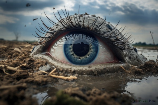 blue eyes,outdoors,lying,sky,day,cloud,water,blurry,no humans,depth of field,cloudy sky,scenery,1other,reflection,monster,realistic,ruins,one-eyed,eye focus,looking at viewer,blue sky,blurry background,ocean,animal,sand,giant,oversized animal