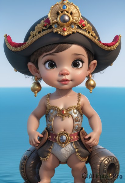 1girl,solo,looking at viewer,short hair,brown hair,hat,navel,brown eyes,jewelry,closed mouth,standing,full body,earrings,outdoors,barefoot,day,belt,water,flat chest,lips,loli,ocean,child,freckles,female child,pirate hat,lalafell,pointy ears,black eyes