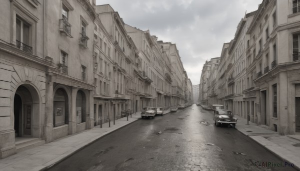 monochrome,greyscale,outdoors,sky,cloud,no humans,window,cloudy sky,ground vehicle,building,scenery,motor vehicle,city,door,car,road,ruins,lamppost,street,day,spot color