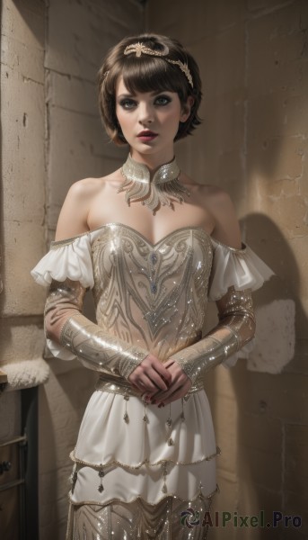 1girl,solo,breasts,looking at viewer,short hair,bangs,skirt,brown hair,black hair,dress,cleavage,bare shoulders,brown eyes,jewelry,medium breasts,standing,cowboy shot,parted lips,detached sleeves,necklace,off shoulder,white dress,armor,black eyes,lips,makeup,detached collar,own hands together,tiara,lipstick,realistic,wall,nail polish,red lips