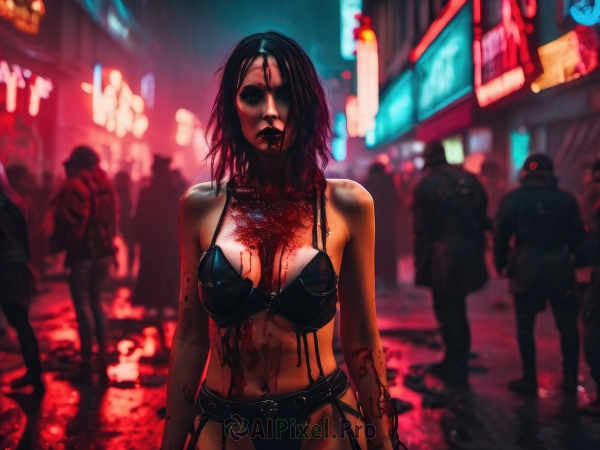 1girl,breasts,looking at viewer,large breasts,black hair,navel,cleavage,medium breasts,underwear,panties,weapon,bikini,multiple boys,solo focus,belt,bra,blurry,lips,gun,black panties,blood,blurry background,lingerie,black bra,science fiction,garter belt,blood on face,city,realistic,police,zombie,blood splatter,death,cyberpunk,neon lights,solo,short hair,outdoors,night,street