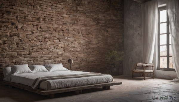 lying,day,indoors,pillow,book,no humans,window,bed,on bed,chair,table,sunlight,plant,curtains,scenery,couch,blanket,potted plant,lamp,wall,bedroom,brick wall,bed sheet,wooden floor,rug,brick