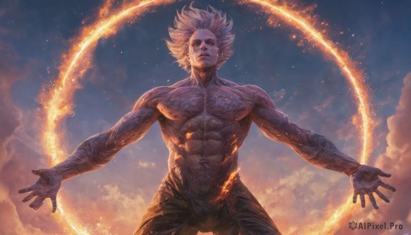 solo,looking at viewer,short hair,1boy,navel,closed mouth,standing,white hair,male focus,cowboy shot,outdoors,sky,cloud,muscular,abs,cloudy sky,outstretched arms,fire,pectorals,muscular male,spiked hair,veins,topless male,realistic,manly,burning,blonde hair,artist name,signature,colored skin,floating,fantasy