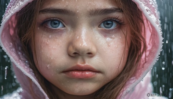 1girl, solo, looking at viewer, blue eyes, brown hair, parted lips, hood, lips, eyelashes, portrait, close-up, rain, water drop, realistic, nose