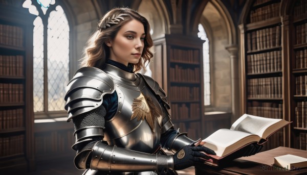 1girl,solo,long hair,looking at viewer,brown hair,gloves,holding,brown eyes,closed mouth,upper body,indoors,armor,lips,book,window,shoulder armor,gauntlets,holding book,pauldrons,breastplate,paper,open book,realistic,nose,bookshelf,reading,library,stained glass,chainmail,plate armor,braid,sunlight,knight,laurel crown