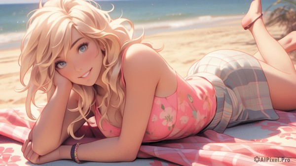 1girl,solo,long hair,breasts,looking at viewer,blush,smile,bangs,blue eyes,skirt,blonde hair,large breasts,shirt,cleavage,bare shoulders,jewelry,medium breasts,outdoors,lying,parted lips,shorts,barefoot,teeth,sleeveless,day,striped,grin,blurry,bracelet,feet,lips,legs,grey eyes,plaid,bare arms,bare legs,sleeveless shirt,toes,depth of field,blurry background,ocean,wavy hair,plaid skirt,beach,floral print,sandals,tank top,on stomach,towel,hand on own face,pink shirt,head rest,sand,anklet,feet up,the pose,thighs,miniskirt,water,leg up,freckles