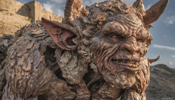 solo,open mouth,brown eyes,outdoors,horns,sky,teeth,day,artist name,cloud,signature,blurry,blue sky,no humans,fangs,portrait,monster,rock,realistic,tusks,looking at viewer,1boy,male focus,blurry background,mountain,desert