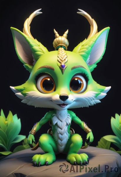 1girl,solo,looking at viewer,smile,open mouth,simple background,animal ears,brown eyes,jewelry,sitting,full body,artist name,bracelet,orange eyes,no humans,:3,leaf,happy,plant,black background,gem,claws,furry,furry female,green skin,body fur,animal nose,moss,yordle,tail,yellow eyes,teeth,fangs,watermark,rock,antlers,white fur,forehead jewel,brown fur,two-tone fur