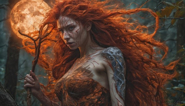 1girl,solo,long hair,breasts,looking at viewer,blue eyes,holding,bare shoulders,medium breasts,very long hair,closed mouth,upper body,red hair,outdoors,signature,orange hair,blurry,tree,lips,blood,tattoo,night,leaf,wavy hair,moon,fire,nature,full moon,forest,branch,cracked skin,floating hair,staff,curly hair,holding staff