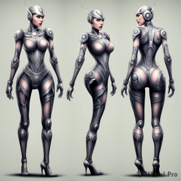 1girl,breasts,large breasts,medium breasts,standing,ass,shoes,armor,high heels,lips,bodysuit,multiple views,helmet,skin tight,stiletto heels,simple background,gloves,full body,grey background,from behind,profile,makeup,lipstick,reference sheet,turnaround