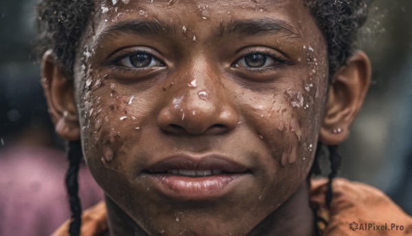 1girl,solo,looking at viewer,black hair,1boy,brown eyes,jewelry,braid,earrings,parted lips,teeth,dark skin,blurry,twin braids,dark-skinned female,lips,wet,blurry background,dark-skinned male,portrait,close-up,freckles,realistic,nose,wet hair,dirty,very dark skin,dreadlocks,smile,depth of field