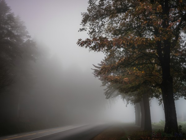 outdoors,sky,day,cloud,tree,no humans,leaf,grass,nature,scenery,forest,road,bush,fog,path,sunlight,landscape