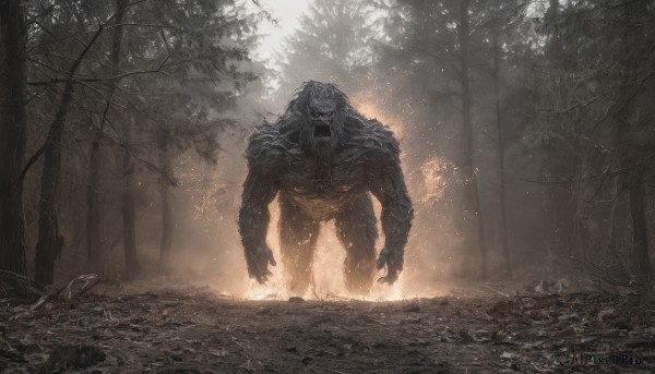 solo,looking at viewer,open mouth,red eyes,1boy,standing,male focus,outdoors,teeth,tree,no humans,glowing,nature,glowing eyes,1other,forest,monster,giant,fangs,scenery