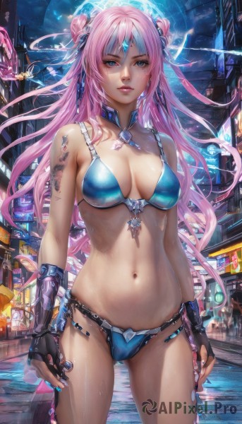 1girl,solo,long hair,breasts,looking at viewer,bangs,blue eyes,large breasts,gloves,navel,cleavage,bare shoulders,medium breasts,standing,swimsuit,pink hair,bikini,cowboy shot,choker,black gloves,fingerless gloves,water,stomach,hair bun,nail polish,lips,wet,double bun,tattoo,ass visible through thighs,blue bikini,science fiction,realistic,bikini armor,hair ornament,twintails,parted lips,armor,facial mark,neon lights