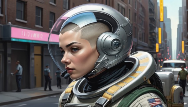 1girl,short hair,blue eyes,brown hair,shirt,outdoors,parted lips,multiple boys,solo focus,pants,bag,mole,uniform,english text,lips,backpack,3boys,helmet,building,headset,freckles,science fiction,city,realistic,nose,very short hair,police,police uniform,american flag,policewoman,spacesuit,astronaut,ground vehicle,portrait,motor vehicle,walking,serious,car,road,street,crosswalk,united states