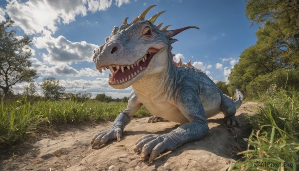 solo,open mouth,tail,outdoors,horns,sky,teeth,day,cloud,tree,blue sky,no humans,cloudy sky,grass,sharp teeth,nature,claws,forest,realistic,dragon,dinosaur,monster