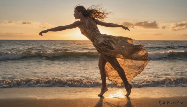 1girl,solo,long hair,smile,brown hair,black hair,dress,bare shoulders,standing,closed eyes,outdoors,sky,barefoot,cloud,dark skin,water,see-through,profile,floating hair,sleeveless dress,ocean,beach,outstretched arms,outstretched arm,scenery,walking,sunset,sand,horizon,dancing,waves,evening,shore,footprints,breasts,jewelry,closed mouth,full body,earrings,from side,dark-skinned female,bare arms,bare legs,wavy hair,sunlight,cloudy sky,wind,backlighting,reflection,spread arms,tiptoes