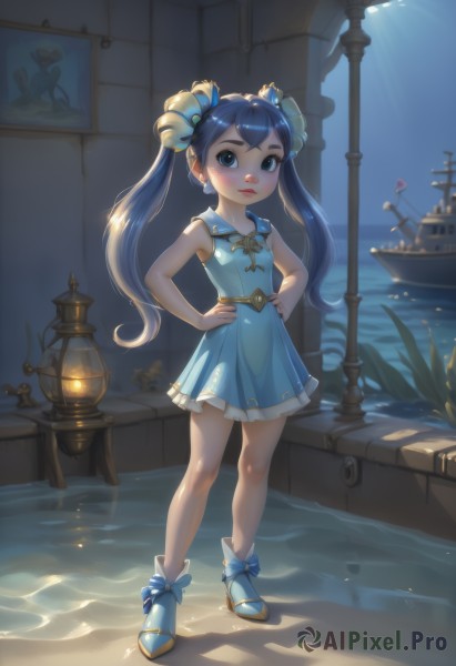 1girl,solo,long hair,looking at viewer,blue eyes,hair ornament,dress,bow,twintails,jewelry,blue hair,standing,full body,earrings,boots,outdoors,shoes,sleeveless,water,lips,bell,night,sleeveless dress,blue dress,ocean,short dress,bandaid,hands on hips,blue footwear,lantern,bandaid on face,light,lamp,watercraft,ship,boat,blush,bangs,closed mouth,bare legs,plant,child