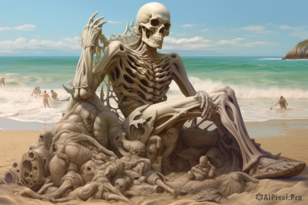 multiple girls,sitting,outdoors,multiple boys,sky,day,cloud,water,blue sky,ocean,beach,sandals,6+boys,skull,monster,sand,horizon,skeleton,bone,cloudy sky,running,giant,extra arms,zombie,corpse