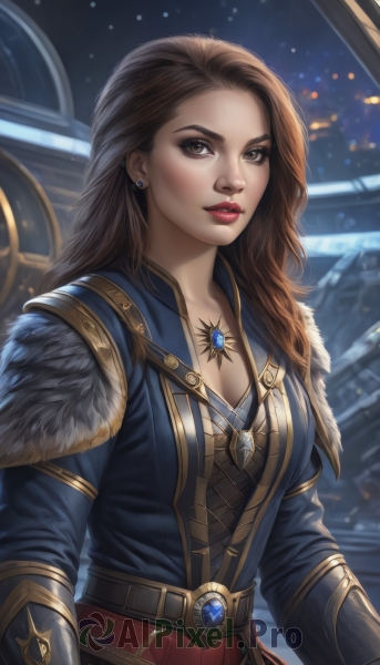 1girl,solo,long hair,breasts,looking at viewer,brown hair,long sleeves,cleavage,brown eyes,jewelry,medium breasts,upper body,earrings,belt,necklace,armor,blurry,lips,fur trim,makeup,night,blurry background,lipstick,gem,pendant,nose,red lips,parted lips,artist name,forehead,realistic,thick lips