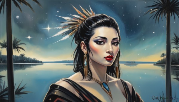 1girl,solo,long hair,looking at viewer,black hair,hair ornament,dress,jewelry,upper body,earrings,outdoors,sky,water,necklace,black eyes,black dress,tree,lips,makeup,night,feathers,lipstick,portrait,star (sky),night sky,eyeshadow,starry sky,reflection,palm tree,red lips,feather hair ornament,lake,blush,cleavage,brown eyes,artist name,moon,gem,realistic,boat