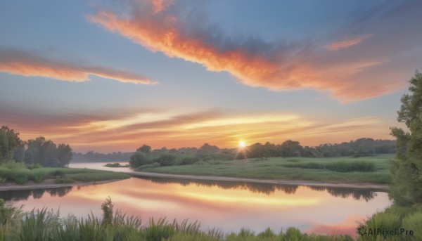 outdoors,sky,cloud,water,tree,no humans,sunlight,cloudy sky,grass,nature,scenery,forest,reflection,sunset,mountain,sun,river,evening,landscape,lake,orange sky,blue sky,plant,reflective water