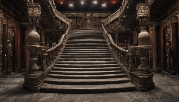 indoors,no humans,scenery,lantern,stairs,railing,light,architecture,pillar,statue,chandelier,column,ceiling,stone stairs