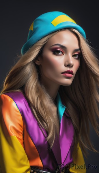 1girl,solo,long hair,looking at viewer,blonde hair,simple background,brown hair,shirt,hat,brown eyes,closed mouth,jacket,upper body,belt,vest,lips,looking to the side,eyelashes,makeup,lipstick,black background,multicolored clothes,eyeshadow,blue headwear,realistic,nose,beanie,red lips,eyeliner,mascara,multicolored headwear,green eyes,baseball cap