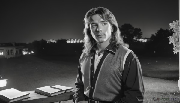 solo,long hair,looking at viewer,smile,shirt,long sleeves,1boy,closed mouth,jacket,monochrome,upper body,greyscale,male focus,outdoors,collared shirt,belt,vest,tree,book,night,facial hair,table,sky,signature,blurry,lips,looking to the side,scar,border,grass,night sky,beard,scar on face,stubble,lamp,animification