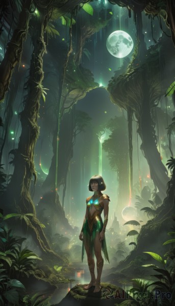 1girl,solo,breasts,short hair,bangs,black hair,navel,jewelry,medium breasts,closed mouth,standing,full body,outdoors,barefoot,dark skin,armor,dark-skinned female,tree,night,glowing,leaf,facial mark,moon,bob cut,plant,nature,scenery,full moon,forest,arms at sides,vines,tribal,bare shoulders,closed eyes,small breasts,blunt bangs,night sky,arm at side,fantasy,wide shot,green theme,moonlight,fireflies